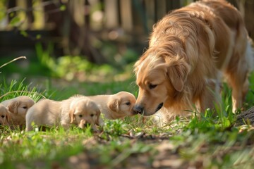 Poster - Golden retriever with her puppies