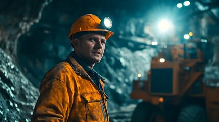 Hardworking Engineer in Rugged Mining with Powerful Lights Highlighting Textures