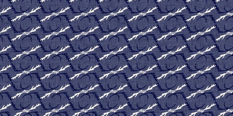 Indigo denim blue leaf motif seamless border. Japanese dye batik fabric style effect print edging swatch. 