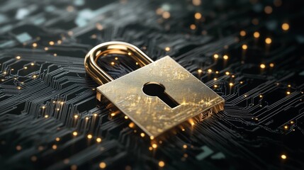 A golden padlock rests on a dark circuit board, symbolizing cybersecurity and data protection in a digital world.