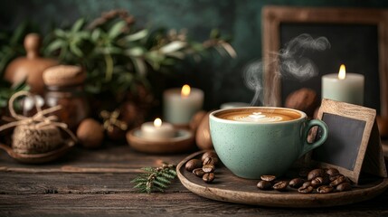 Wall Mural - Rustic Coffee Setup with Latte Art in Green Cup and Candles on Wooden Table