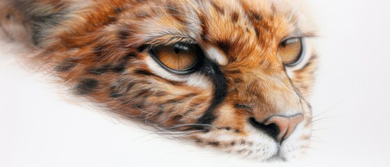  Close-up of a cat's face against a white background, displaying brown and black spots in its fur