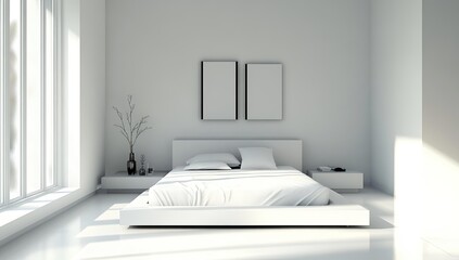 Minimalist bedroom with white bed and two frames.