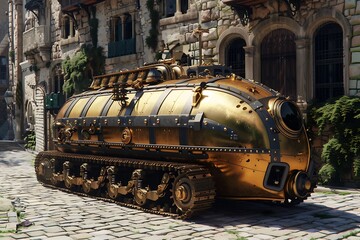 Poster - Golden steampunk vehicle on cobblestone street.