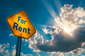 A vivid 'For Rent' sign against a bright blue sky and sunlit clouds, symbolizing rental opportunities and real estate availability.