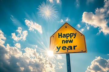 Festive road sign wishing a happy new year against a vibrant sky with fireworks, perfect for celebrating fresh beginnings.