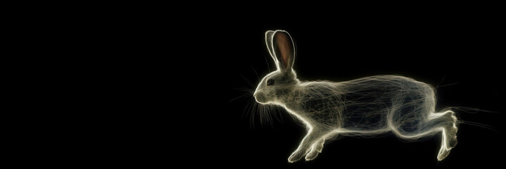 Neon abstract graphic outline of rabbit in jump, wild animal. Dark background isolate. AI generated.