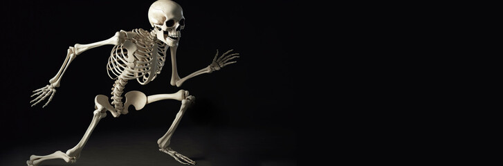 Human skeleton, black background isolate. Scientific body anatomy, medical exhibit. AI generated.