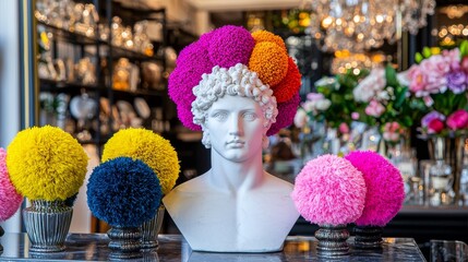 Wall Mural - Colorful Pom Pom Decor on Classical Bust in Elegant Home Interior