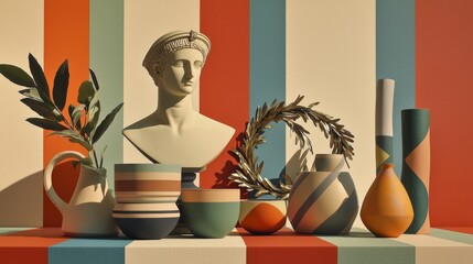 Wall Mural - Modern Art Still Life with Greco-Roman Bust, Vases, and Geometric Stripes