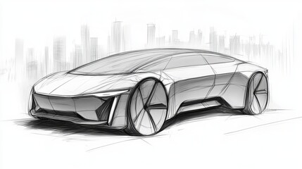 Futuristic Concept Car Sketch with Urban Skyline. Modern and Sleek Design Illustration