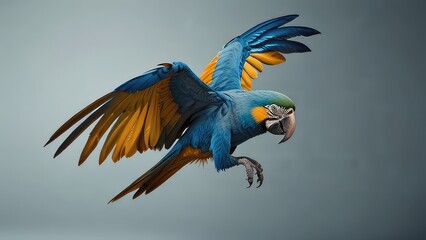 blue and yellow macaw ara flying in a white background