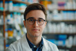 © Tetiana - Pharmacist with a white lab coat standing confidently in front of medicine shelves generative AI