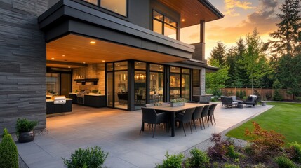 Wall Mural - Gorgeous exterior of a luxury home at dusk. boasts a sizable covered patio with outdoor seating, a grill, and a table and chairs