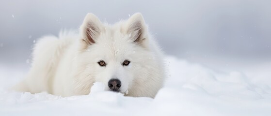 Wall Mural -  A white dog lies in the snow, head tilted to the side, eyes open