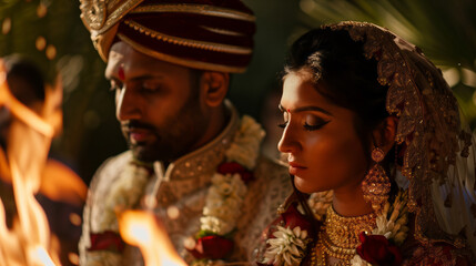 Poster - Indian wedding couple during the phera ceremony, walking around the hawan