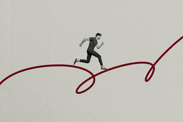 Poster - Composite trend artwork sketch image photo collage of copyspace huge illustration creative idea line doodle miniature young guy run moving