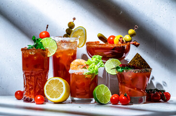 Wall Mural - Tomato juice and vodka alcoholic cocktails with hot sauce, salt, pepper, olives and celery. Cocktail party. Gray background, hard light