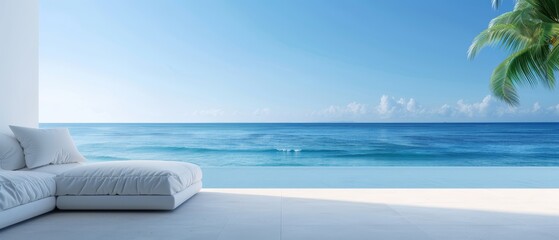 Wall Mural -  A white couch atop a white floor, adjacent to a palm tree, faces a blue ocean