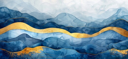 Wall Mural - Abstract blue wave with gold lines watercolor texture painting. Colorful art navy, yellow wavy ink lines fairytale background. Bright colorful water waves. Ocean beach illustration, Generative AI