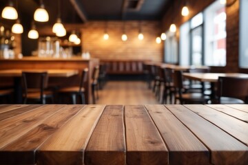 Wall Mural - Wooden Table Top in Blurred Restaurant Interior