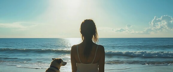 Sticker - Woman and dog silhouetted against the ocean and a sunny sky.