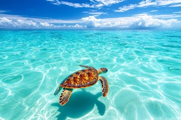 Wall Mural - A turtle swimming in a crstal clear ocean at a beach, blue sky 