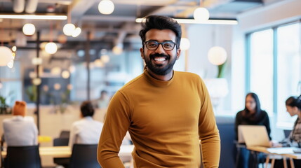 confident businessman in glasses smiling at the camera in a modern office environment.