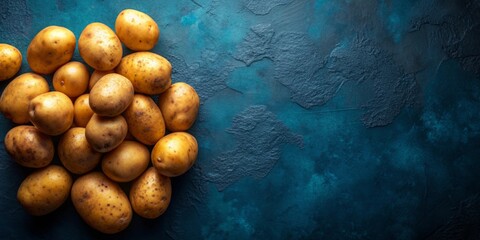 Wall Mural - Fresh potatoes on a dark blue background, potatoes, fresh, vegetables, organic, natural, food, dark blue, background