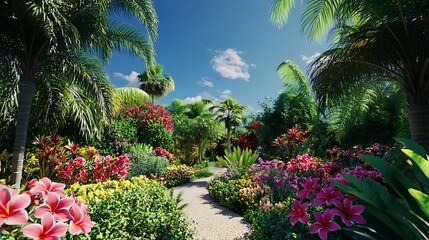 Tropical Paradise: Lush Greenery, Vibrant Flowers, and a Winding Path