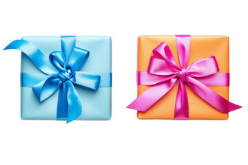 Beautifully wrapped square gift boxes with ribbon bows, in two colorful sets, on a pristine white background