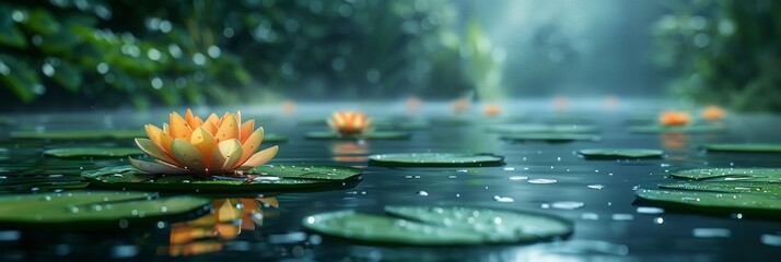 Wall Mural - Lush Green Pond with Lotus Flowers