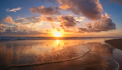 Wall Mural - beautiful sunset on ocean beach sky is reflecting at water