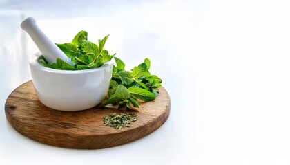 rustic board with fresh green and dried mint in a white mortar promoting healthy lifestyle and nutrition perfect for a copy space image