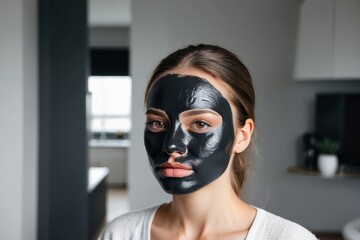 Wall Mural - Young Woman with Black Facial Mask Looking at Camera