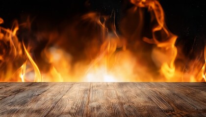 Wall Mural - blank wooden table with fire burning sparks smoke and flames