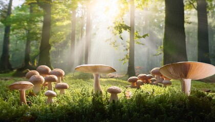 serene mushroom farm in a lush forest with sunlight rays for nature themed design and posters