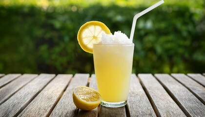 Wall Mural - lass of lemon slush with straw and lemon slice on wooden table outdoor close up photography