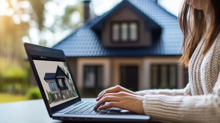 Closeup shot of a woman hands on a laptop, exploring different dwellings on a house hunting site, cozy table setup