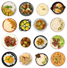 Wall Mural - Hummus and other dishes of different national traditional cuisines on white background, top view. Collection