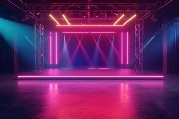 Wall Mural - Empty neon concert stage lighting architecture illuminated.