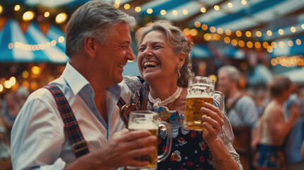 Wall Mural - Couple laughing with beers at Oktoberfest.