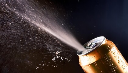 a close up of a refreshing drink can spraying liquid as it is opened with droplets glistening against a dark background