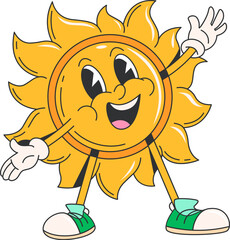 Poster - Cartoon retro groovy sun character. Vintage hippie vector personage of happy summer sunshine with cheerful smile and open arms offering hugs. Funny groovy yellow sun emoji, warm sunny weather emoticon