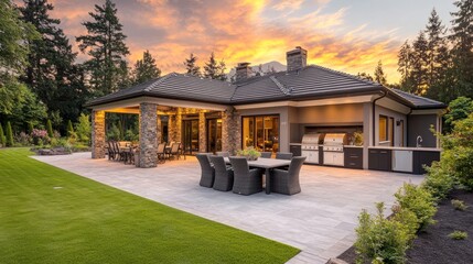 Wall Mural - Gorgeous exterior of a luxury home at dusk. boasts a sizable covered patio with outdoor seating, a grill, and a table and chairs