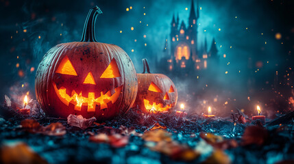 Wall Mural - Happy halloween banner or party invitation background with pumpkins