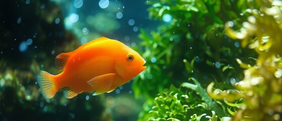 Canvas Print -  A tight shot of a fish swimming in an aquarium, surrounded by plants in the foreground, and a blue sky depicted behind