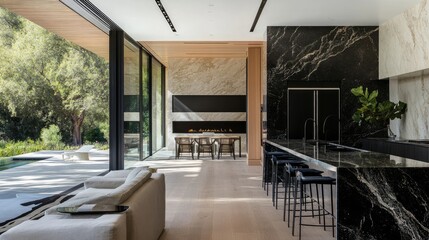 Modern, sleek, black granite countertops in the kitchen, wall ovens built-in, and a floor to ceiling marble fireplace characterize this house's exterior and interior design. personalized bar stools fo