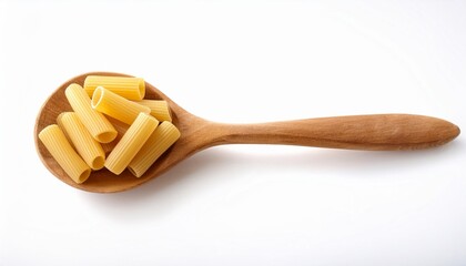 Wall Mural - wooden spoon with uncooked tortiglioni pasta on white background