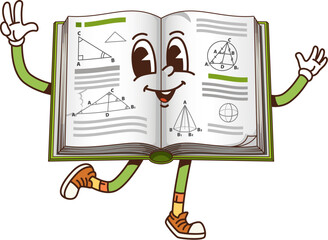 Poster - Cartoon groovy school textbook character. Isolated vector open geometry subject book, retro personage with big expressive eyes and a cheerful friendly smile, showing peace gesture, ready for lesson